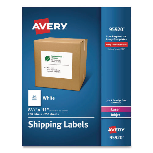 Image of Avery® White Shipping Labels-Bulk Packs, Inkjet/laser Printers, 8.5 X 11, White, 250/box