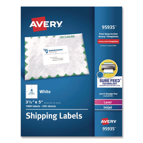 Image of Avery® White Shipping Labels-Bulk Packs, Inkjet/laser Printers, 3.5 X 5, White, 4/sheet, 250 Sheets/box