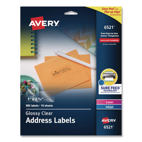 Image of Avery® Glossy Clear Easy Peel Mailing Labels W/ Sure Feed Technology, Inkjet/laser Printers, 1 X 2.63, 30/sheet, 10 Sheets/pack