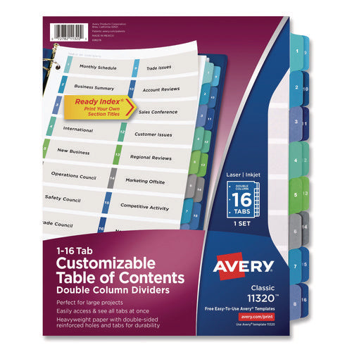 Image of Avery® Customizable TOC Ready Index Double Column Multicolor Tab Dividers, 16-Tab, 1 to 16, 11 x 8.5, White, 1 Set