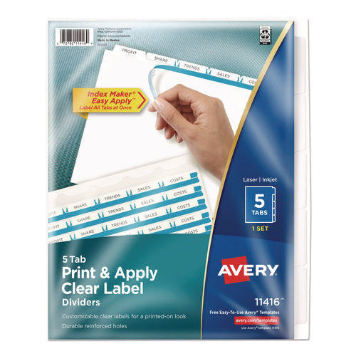 Image of Avery® Print And Apply Index Maker Clear Label Dividers With Printable Label Strip And White Tabs, 5-Tab, 11 X 8.5, White, 1 Set