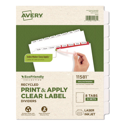 Image of Avery® Index Maker Ecofriendly Print And Apply Clear Label Dividers With White Tabs, 8-Tab, 11 X 8.5, White, 5 Sets