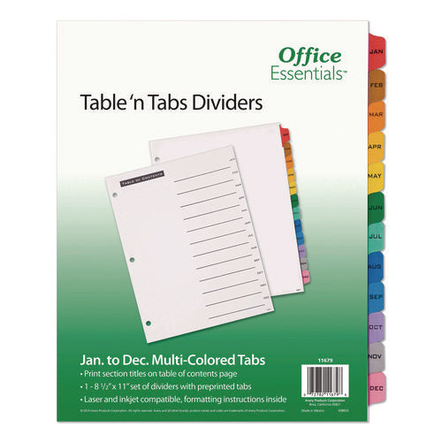 Image of Office Essentials Table 'n Tabs Dividers, 12-Tab, Jan. to Dec., 11 x 8.5, White, Assorted Tabs, 1 Set
