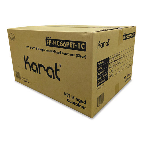 Image of Karat® PET Plastic Hinged Container, 6 x 6 x 3.3, Clear, Plastic, 500/Carton