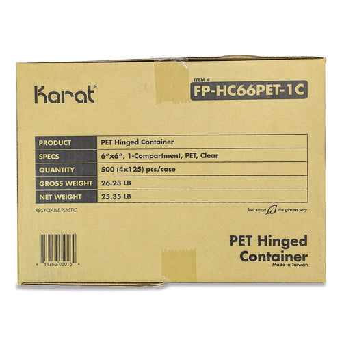 Image of Karat® PET Plastic Hinged Container, 6 x 6 x 3.3, Clear, Plastic, 500/Carton