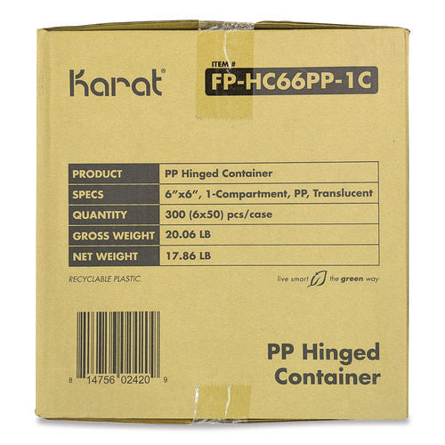 Image of Karat® Polypropylene Plastic Hinged Container, 6 x 6 x 3.3, Clear, Plastic, 50/Pack, 6 Packs/Carton