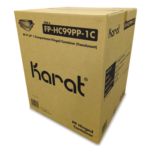 Image of Karat® Polypropylene Plastic Hinged Container, 9.35 x 9.22 x 3.17, Clear, Plastic, 50/Pack, 4 Packs/Carton