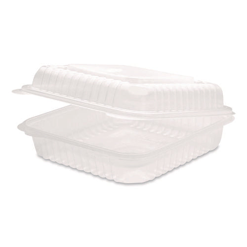 Image of Karat® Polypropylene Plastic Hinged Container, 9.35 x 9.22 x 3.17, Clear, Plastic, 50/Pack, 4 Packs/Carton