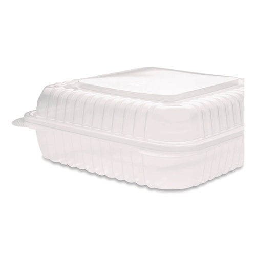 Image of Karat® Polypropylene Plastic Hinged Container, 9.35 x 9.22 x 3.17, Clear, Plastic, 50/Pack, 4 Packs/Carton