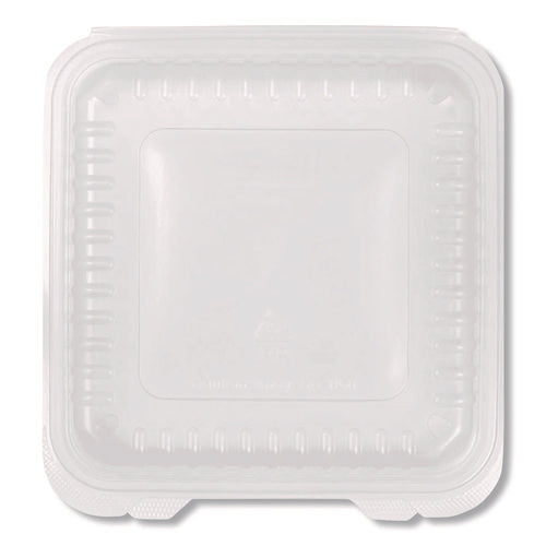 Image of Karat® Polypropylene Plastic Hinged Container, 9.35 x 9.22 x 3.17, Clear, Plastic, 50/Pack, 4 Packs/Carton