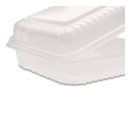 Image of Karat® Polypropylene Plastic Hinged Container, 9.35 x 9.22 x 3.17, Clear, Plastic, 50/Pack, 4 Packs/Carton