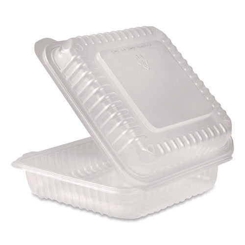 Image of Karat® Polypropylene Plastic Hinged Container, 9.35 x 9.22 x 3.17, Clear, Plastic, 50/Pack, 4 Packs/Carton