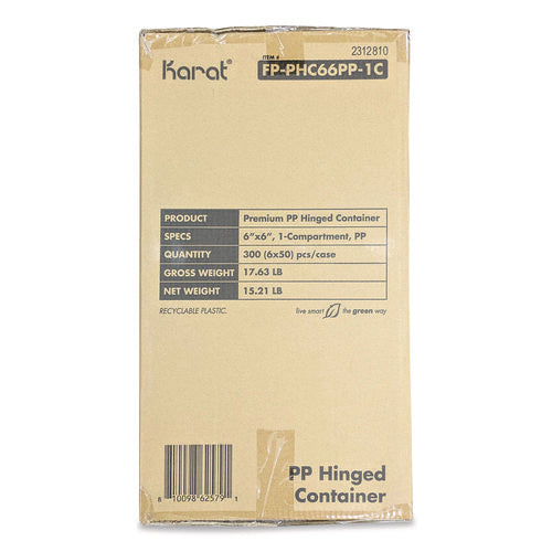 Image of Karat® Polypropylene Plastic Hinged Container, 6 x 6 x 3, Black/Clear, Plastic, 50/Pack, 6 Packs/Carton