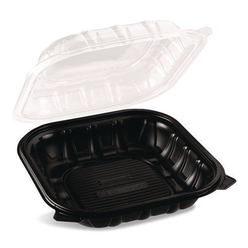Image of Karat® Polypropylene Plastic Hinged Container, 9 x 9 x 3, Black/Clear, Plastic, 50/Pack, 3 Packs/Carton
