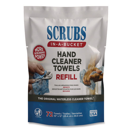 Image of SCRUBS® Hand Cleaner Towels, SCRUBS in-a-Bucket Refill, 1-Ply, 10 x 12, Citrus, Blue/White, 72/Pack, 6 Packs/Carton