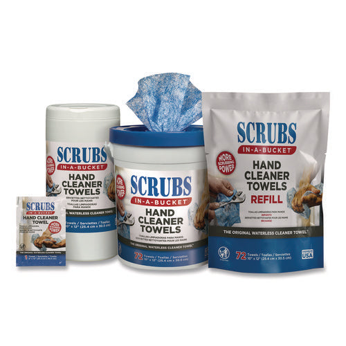 Image of SCRUBS® Hand Cleaner Towels, SCRUBS in-a-Bucket Refill, 1-Ply, 10 x 12, Citrus, Blue/White, 72/Pack, 6 Packs/Carton