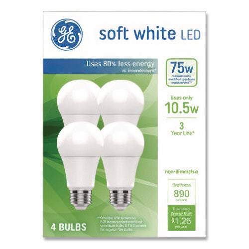 Image of GE Classic LED SW Non-Dim A19 Light Bulb, 10.5 W, Soft White, 4/Pack