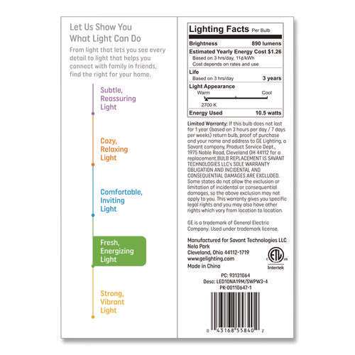 Image of GE Classic LED SW Non-Dim A19 Light Bulb, 10.5 W, Soft White, 4/Pack