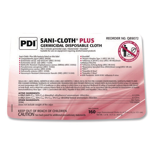 Image of Sani Professional® PDI San-Cloth Plus Germicidal Disposable Cloth, 6 x 6.75, Unscented, White, 160/Pack
