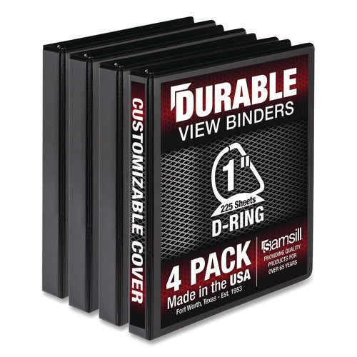 Image of Samsill® Durable D-Ring View Binders, 3 Rings, 1" Capacity, 11.5" x 8.5", Black, 4/Pack