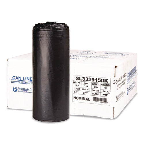 Image of Inteplast Group Low-Density Commercial Can Liners, 33 gal, 1.5 mil, 33" x 39", Black, Interleaved Roll, 20 Bags/Roll, 5 Rolls/Carton