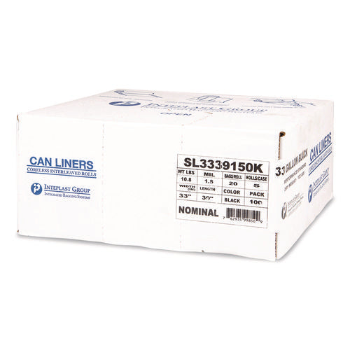 Image of Inteplast Group Low-Density Commercial Can Liners, 33 gal, 1.5 mil, 33" x 39", Black, Interleaved Roll, 20 Bags/Roll, 5 Rolls/Carton