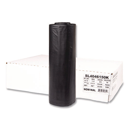 Image of Inteplast Group Institutional Low-Density Can Liners, 45 gal, 1.5 mil, 40" x 46", Black, Interleaved Roll, 20 Bags/Roll, 5 Rolls/Carton