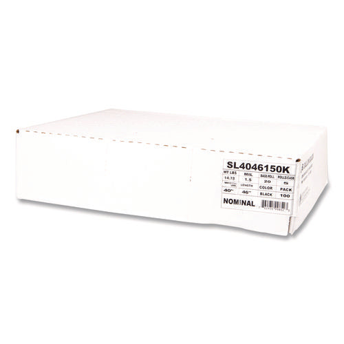 Image of Inteplast Group Institutional Low-Density Can Liners, 45 gal, 1.5 mil, 40" x 46", Black, Interleaved Roll, 20 Bags/Roll, 5 Rolls/Carton