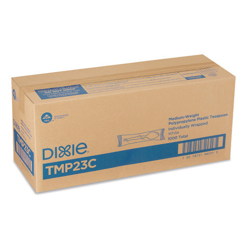 Image of Dixie® Mediumweight Polypropylene Cutlery, Individually Wrapped, Teaspoon, Plastic, White, 1,000/Carton