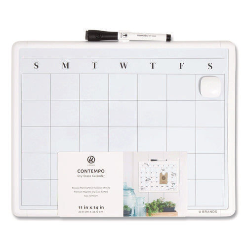 Image of U Brands Magnetic Dry Erase Monthly Calendar, 14" x 11", White Surface, White Plastic Frame