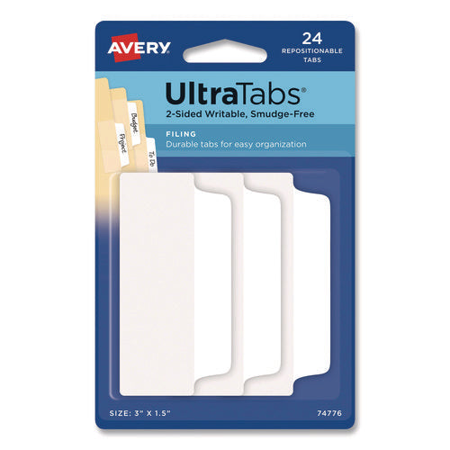 Image of Avery® Ultra Tabs Repositionable Tabs, Wide and Slim: 3" x 1.5", 1/3-Cut, White, 24/Pack