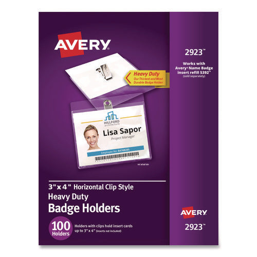 Image of Avery® Heavy-Duty Clip-Style Badge Holders, Horizontal, 4 X 3, Clear, 100/box