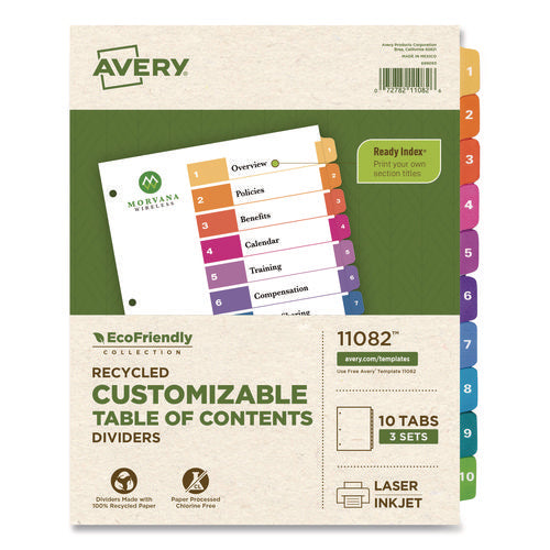 Image of Avery® Customizable Table Of Contents Ready Index Dividers With Multicolor Tabs, 10-Tab, 1 To 10, 11 X 8.5, White, 3 Sets