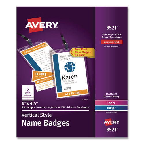 Image of Avery® Lanyard-Style Badge Holder W/laser/inkjet Inserts, Top Load, 4.25 X 6, We, 75/pk