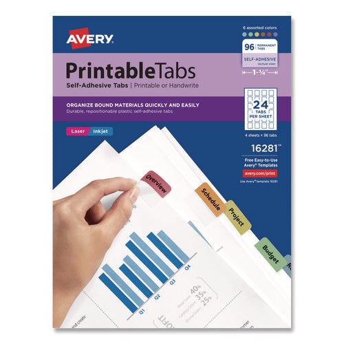 Image of Avery® Printable Plastic Tabs with Repositionable Adhesive, 1/5-Cut, Assorted Colors, 1.25" Wide, 96/Pack