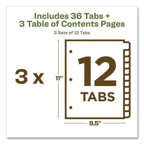 Image of Avery® Customizable Table Of Contents Ready Index Dividers With Multicolor Tabs, 12-Tab, 1 To 12, 11 X 8.5, White, 3 Sets
