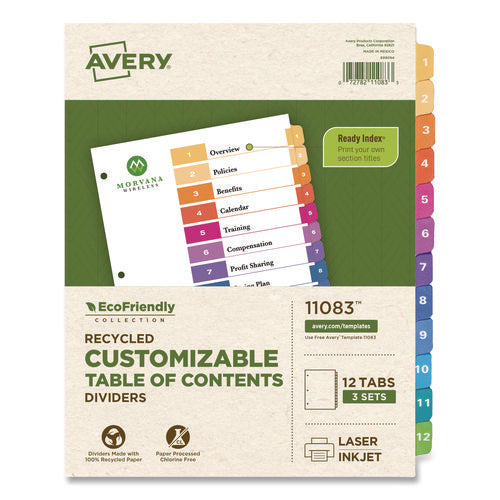 Image of Avery® Customizable Table Of Contents Ready Index Dividers With Multicolor Tabs, 12-Tab, 1 To 12, 11 X 8.5, White, 3 Sets
