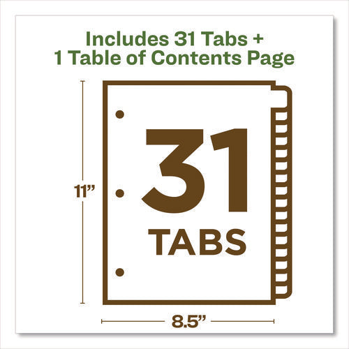 Image of Avery® Customizable Table Of Contents Ready Index Dividers With Multicolor Tabs, 31-Tab, 1 To 31, 11 X 8.5, White, 1 Set