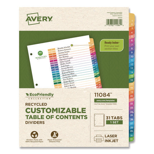 Image of Avery® Customizable Table Of Contents Ready Index Dividers With Multicolor Tabs, 31-Tab, 1 To 31, 11 X 8.5, White, 1 Set