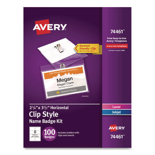 Image of Avery® Clip-Style Badge Holder With Laser/inkjet Insert, Top Load, 3.5 X 2.25, White, 100/box
