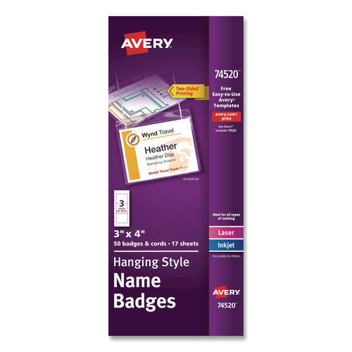 Image of Avery® Necklace-Style Badge Holder W/laser/inkjet Insert, Top Load, 4 X 3, We, 50/box