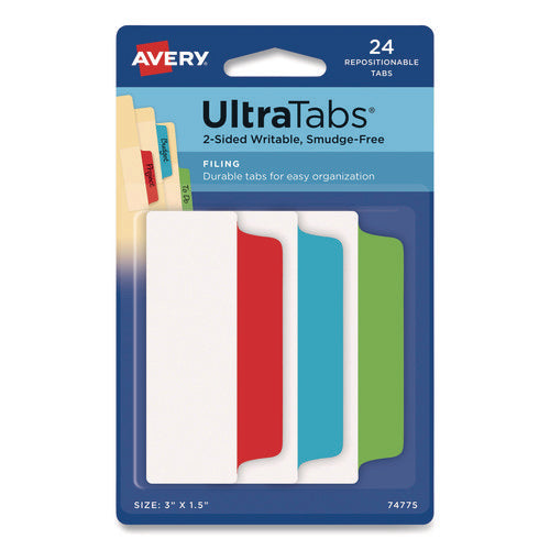 Image of Avery® Ultra Tabs Repositionable Tabs, Wide and Slim: 3" x 1.5", 1/3-Cut, Assorted Colors, 24/Pack
