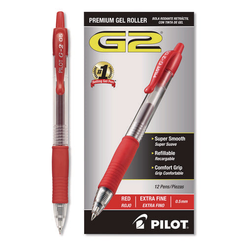 Image of Pilot® G2 Premium Gel Pen, Retractable, Extra-Fine 0.5 mm, Red Ink, Smoke/Red Barrel, Dozen