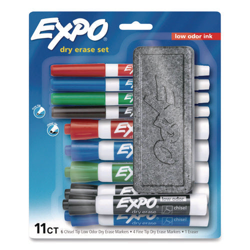 Image of EXPO® Low-Odor, Dry Erase 10-Color Marker and Eraser Set, Broad Chisel/Fine Bullet Tips, Assorted Colors, 11 Pieces/Set