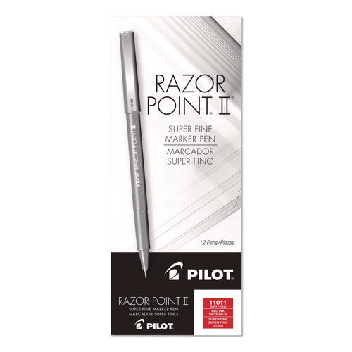 Image of Pilot® Razor Point II Super Fine Line Porous Point Pen, Stick, Super-Fine 0.2 mm, Red Ink, Red Barrel, Dozen