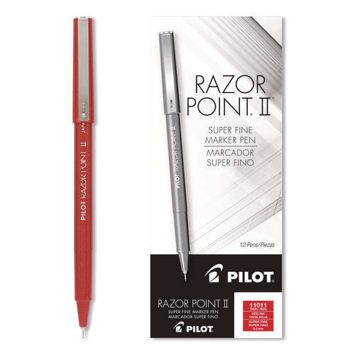 Image of Pilot® Razor Point II Super Fine Line Porous Point Pen, Stick, Super-Fine 0.2 mm, Red Ink, Red Barrel, Dozen