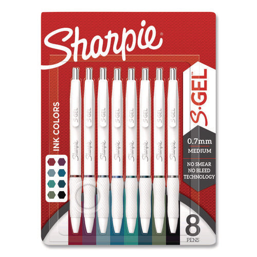 Image of Sharpie® S-Gel S-Gel Fashion Barrel Gel Pen, Retractable, Medium 0.7 mm, Assorted Ink, White Barrel, 8/Pack