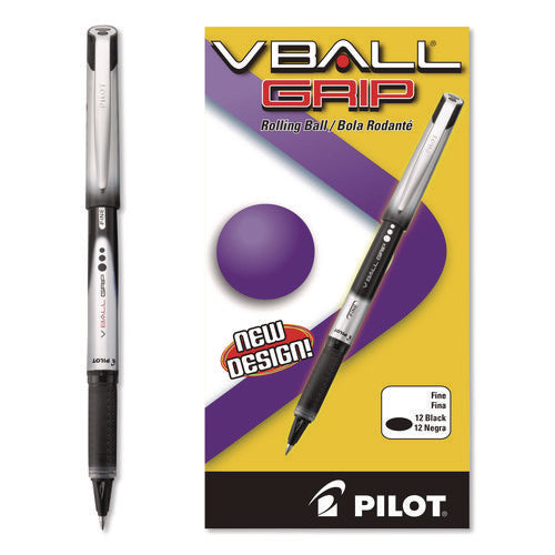 Image of Pilot® VBall Grip Liquid Ink Rollerball Pen, Stick, Fine 0.7 mm, Black Ink, Black/Silver Barrel, Dozen