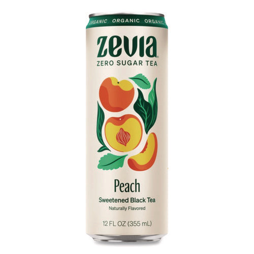 Image of Zevia® Zero Sugar Naturally Sweetened Black Tea, Peach Black Tea, 12 oz Can, 12/Carton