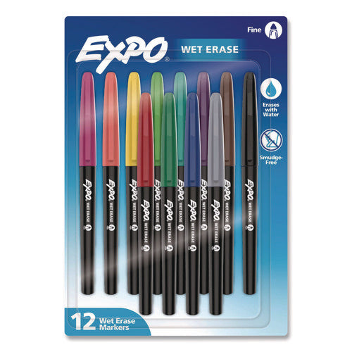 Image of EXPO® Wet Erase Markers, Fine Needle Tip, Assorted Colors, 12/Pack
